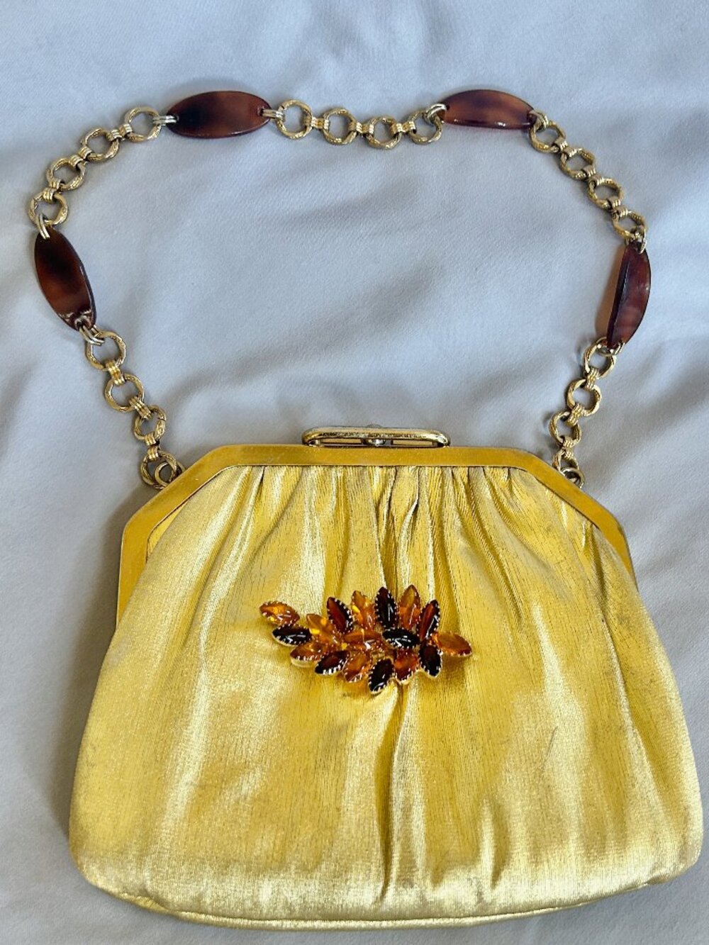 Vintage Gold Lamé Clutch: Tortoise Shell Chain Evening Bag with Amber Rhinestone